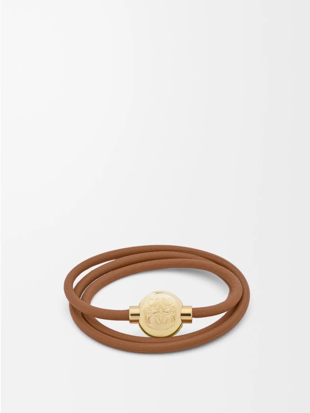 Loewe Tan Leather Wrap Bracelet with Gold Logo Medallion